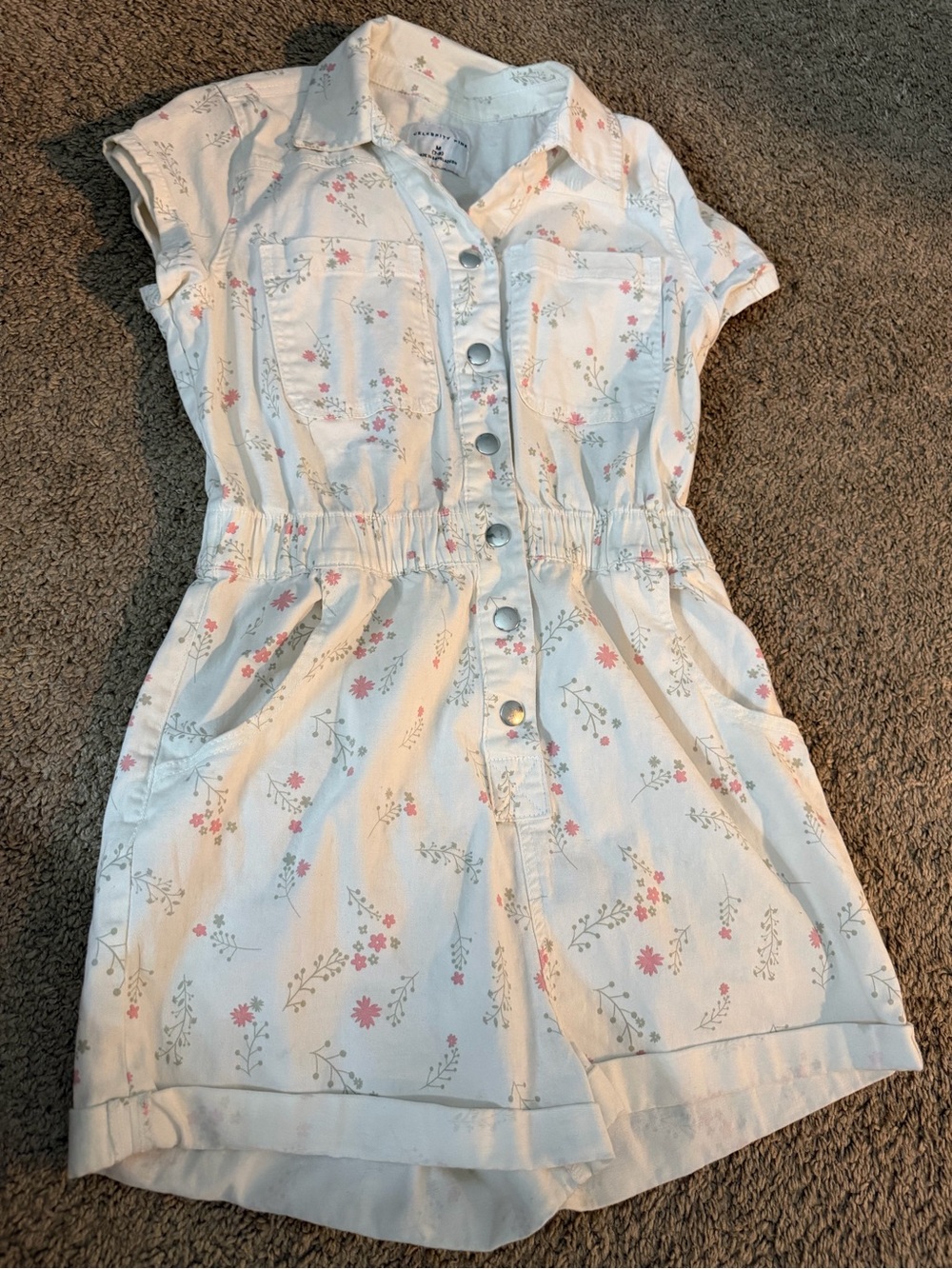 Celebrity Pink White Floral Button Romper with Pink Accents